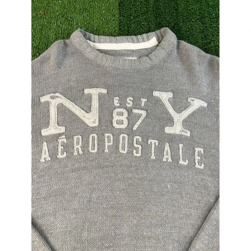 Aeropostale Mens NY EST 87 Crewneck Sweater Gray Chunky Knit Pullover Large